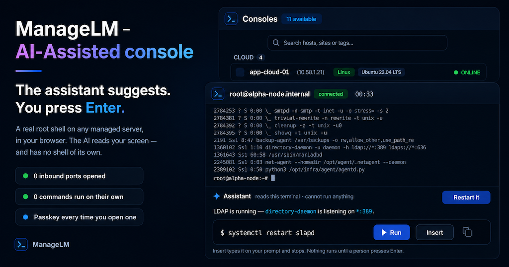 ManageLM AI-Assisted Console — a browser root shell with an assistant that suggests commands you choose to run