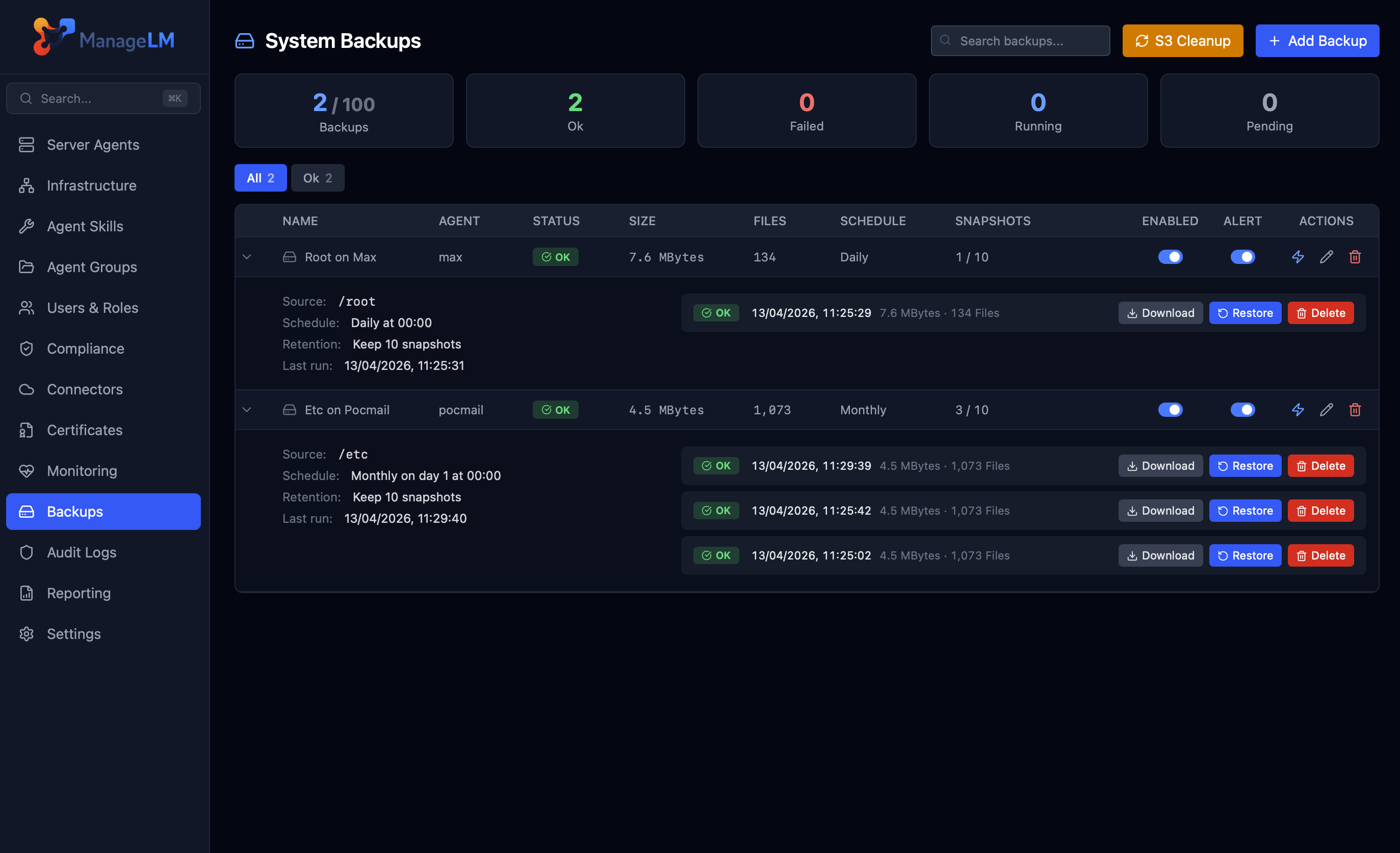 ManageLM system backups viewer